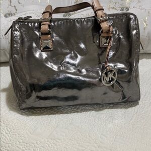 Michael Kors Shiny Silver Satchel with Tan Accents